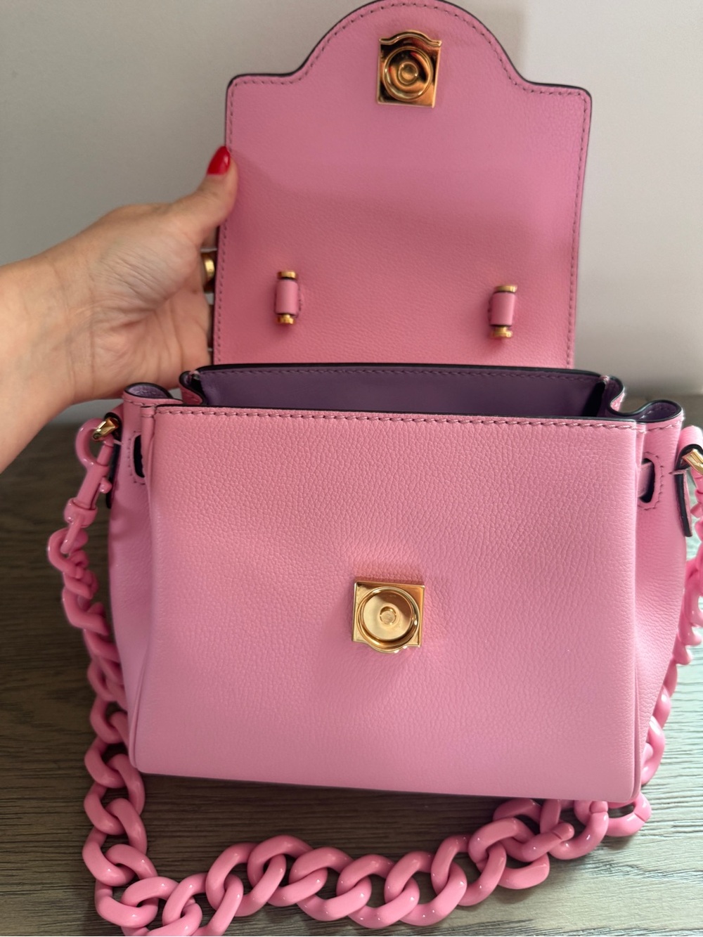 Versace La Medusa Small Pink Leather Top-Handle Bag with Chain Strap - Picture 9 of 12